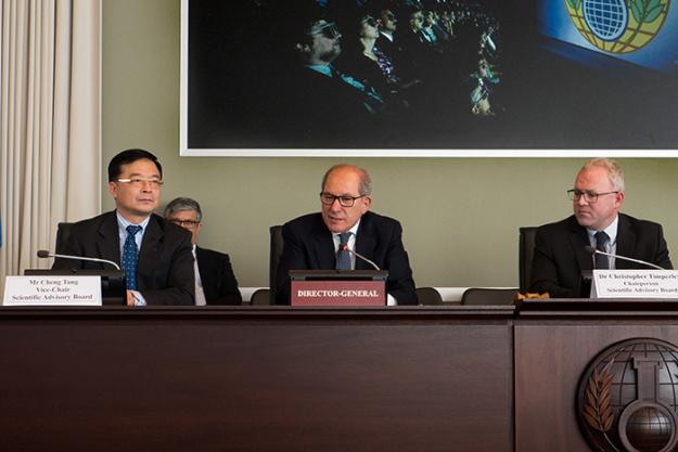 Mr Cheng Teng, Vice Chair of the SAB, H.E. Mr Ahmet Üzümcü, OPCW Director-General, and, Dr. Christopher Timperley, Chairperson of the SAB.