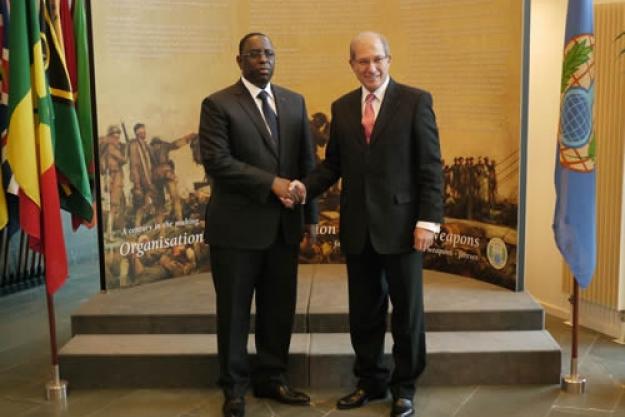 The President of the Republic of Senegal, H.E. Mr Macky Sall, and OPCW Director-General Ahmet Üzümcü 
The Director-General commends President Sall for Senegal’s commitment to the Chemical Weapons Convention and for its support to the work of the OPCW
