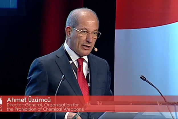 A video still of Director-General Ahmet Üzümcü providing a keynote address at the EuroScience Open Forum on 25 June 2014.