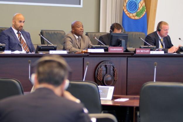 Members of the OPCW Confidentiality Commission at OPCW headquarters in The Hague, May 2016.Minister Désiré Jean Claude Owono Menguele, Chairperson of the 2016 Confidentiality Commission addresses members.