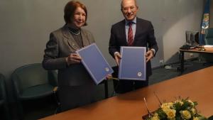 OPCW Director-General Ahmet Üzümcü (right) and the President of the International Union of Pure and Applied Chemistry (IUPAC), Professor Natalia Tarasova, signed a Memorandum of Understanding (MOU) today pledging to enhance cooperation to keep abreast of developments in chemistry, responsibility and ethics in science, and education and outreach. 