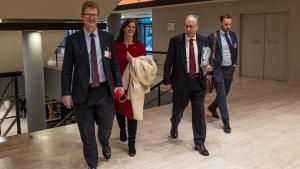 Ambassador Fernando Arias, Director-General of the OPCW, walks to meeting with Mr Stephen Lillie, UK Director for Defence and International Security, and their respective delegations.