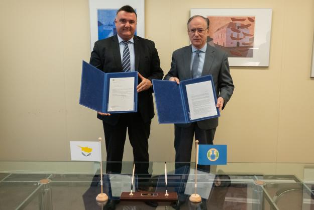 OPCW Director-General, H.E. Mr Fernando Arias, and the Permanent Representative of Cyprus to the OPCW, H.E. Ambassador Elpidoforos Economou.