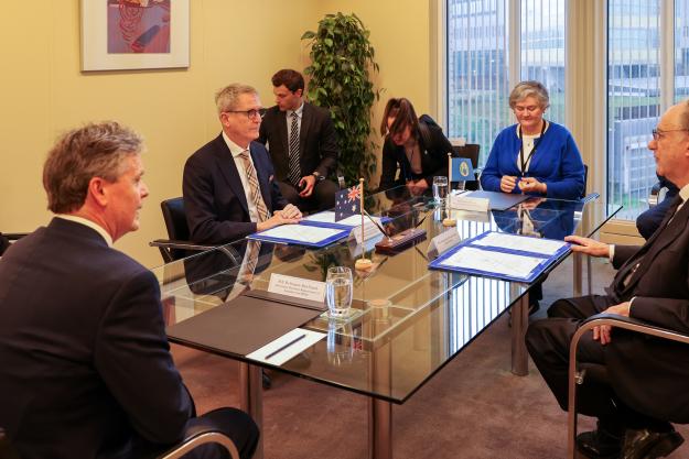 Dr Geoffrey Shaw, Director General of the Australian Safeguards and Non-Proliferation Office, Department of Foreign Affairs and Trade, and Ambassador Fernando Arias, OPCW Director-General, and their delegations during a visit to OPCW Headquarters  in The Hague, the Netherlands, on 19 November 2025.