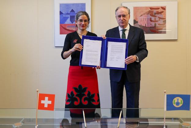 Permanent Representative of the Swiss Confederation to the OPCW, H.E. Mrs Corinne Cicéron Bühler, and the OPCW Director-General, Ambassador Fernando Arias.