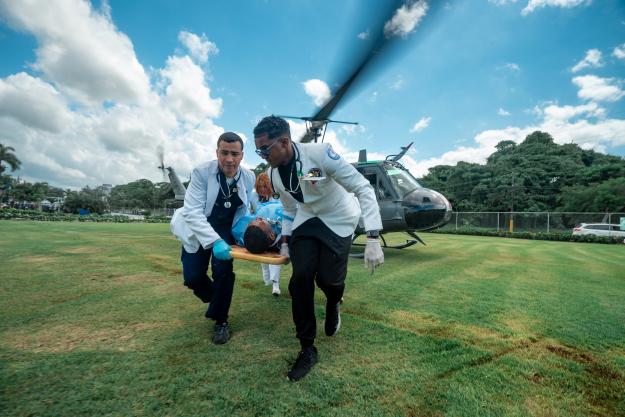 A casualty is transported by helicopter during the final simulation of CHEMEX GRULAC in Santo Domingo, Dominican Republic. 