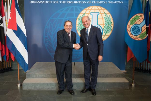 OPCW Director-General Ahmet Üzümcü (right) and the First Deputy Minister of Science, Technology and Environment of the Republic of Cuba, H.E Dr Fernando González Bermúdez.