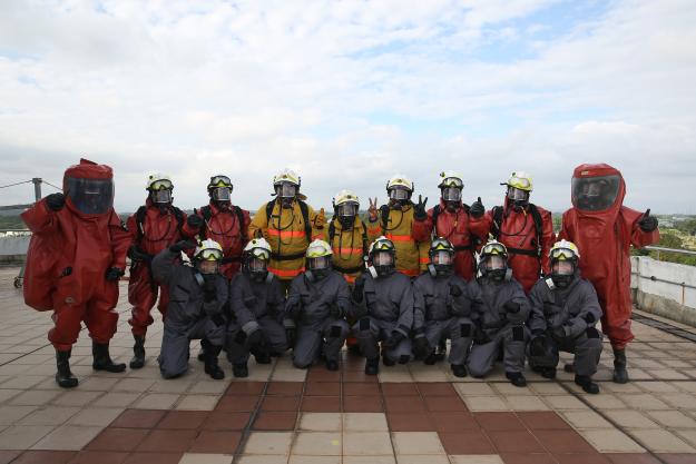 Emergency first responders at a field exercise on chemical emergency response held in Singapore’s Civil Defence Academy