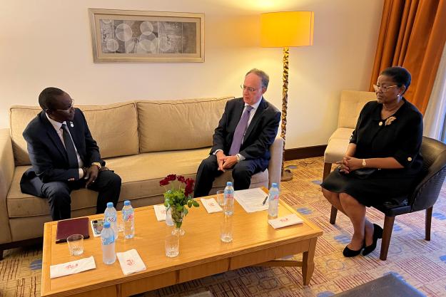 Minister of Foreign Affairs and International Cooperation of South Sudan, Hon. James Pitia Morgan (left), Director-General of the OPCW Ambassador Fernando Arias (centre), Deputy Director-General of the OPCW Odette Melono (right)