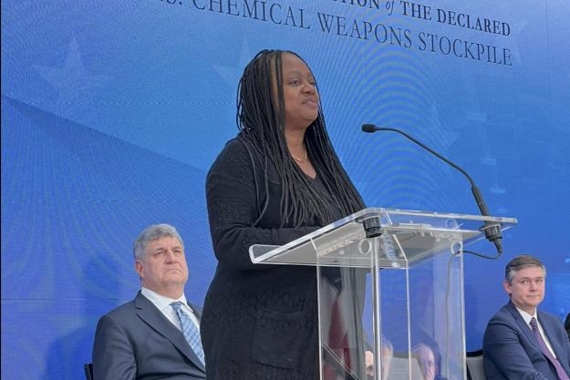 Ambassador Bonnie Jenkins, U.S. Under Secretary for Arms Control and International Security, delivers remarks at the Assembled Chemical Weapons Alternatives (ACWA) End of Destruction Operations celebratory event on 13 December 2023 at the U.S. Institute of Peace, Washington, D.C.
