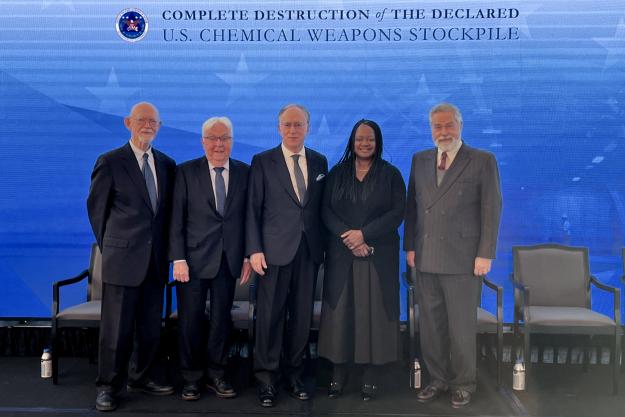 (L-R) Ambassador Robert Mikulak (retired); Paul Walker, Coordinator of the Chemical Weapons Convention Coalition; Ambassador Fernando Arias, OPCW Director-General; Ambassador Bonnie Jenkins, U.S. Under Secretary for Arms Control and International Security; and Ambassador Joseph Manso, Permanent Representative of the U.S. to the OPCW, at the Assembled Chemical Weapons Alternatives (ACWA) End of Destruction Operations celebratory event on 13 December 2023 at the U.S. Institute of Peace, Washington, D.C.
