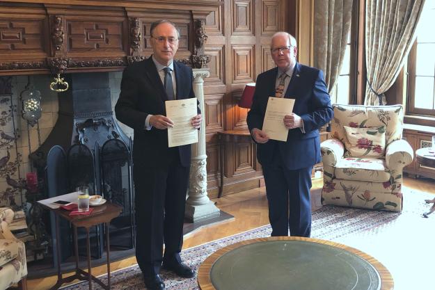 OPCW Director General, H.E. Mr Fernando Arias, and the Permanent Representative of Australia to the OPCW, H.E. Ambassador Matthew Neuhaus.