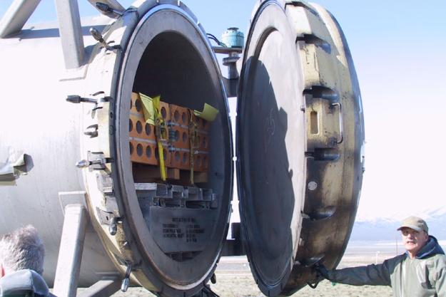 An on-site container containing VX agent-filled M55 Rockets will be sealed before being pulled by a truck a short distance to the Tooele Chemical Agent Disposal Facility.