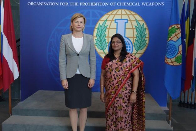 Baiba Braze, Director-General for Security Policy and International Organizations of the Ministry for Foreign Affairs of Latvia (left), and Deputy Director-General, Mrs Grace Asirwatham