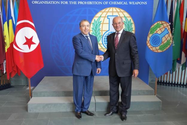 Tunisian Foreign Affairs Minister, H.E. Mr. Mongi Hamdi (left) and OPCW Director-General, Ambassador Ahmet Üzümcü. 