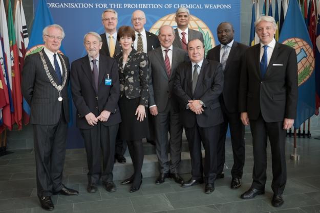 Director-General Ahmet Üzümcü (center), keynote speakers and speakers at the opening ceremonies of OPCW Day on 2 May 2016