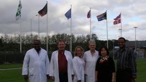 OPCW Associate Programme 2008 participants received training on how to run a modern chemical company in the DANISCO plant in Grindsted, Denmark. From left to right: Mr Katongo Chipompo from Zambia, professor Lars Wiebe, scientist Anita Lindahl, technician Sonja Lyngaas, Ms Oyun Batsukh from Mongolia and Mr Mashilo Mehale from South Africa. 