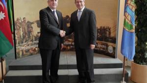 The Minister of Foreign Affairs of the Republic of Azerbaijan, H.E Mr Elmar Mammadyarov (left) met with Director-General Ahmet Üzümcü and other senior staff on 11 June, 2012.