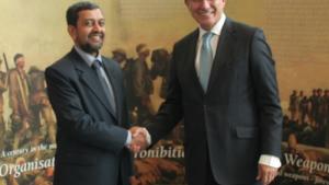 Mr. Durga Prasad Bhattarai, Secretary of the Ministry of Foreign Affairs of the Federal Democratic Republic of Nepal (left), and OPCW Director-General Ahmet Üzümcü. 