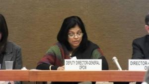 Deputy Director-General Mrs Grace Asirwatham at the Meeting of States Parties to the Convention on the Prohibition of the Development, Production and Stockpiling of Bacteriological (Biological) and Toxin Weapons and on their Destruction. Photo: Richard Guthrie
