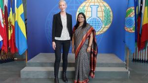 Deputy Director-General Mrs Grace Asirwatham with H.E. Ms. Sofia Arkelsten, Chairperson of the Standing Committee for Foreign Affairs of the Swedish Parliament.
