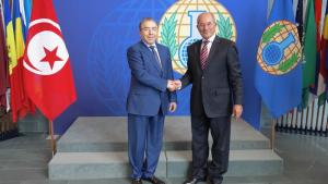 Tunisian Foreign Affairs Minister, H.E. Mr. Mongi Hamdi (left) and OPCW Director-General, Ambassador Ahmet Üzümcü. 