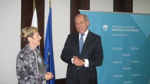 The OPCW Director-General, Ambassador Ahmet Üzümcü, with the Minister of Health, Ms Milojka Kolar Celarc. The OPCW Director-General, Ambassador Ahmet Üzümcü (left), with the State Secretary for the Ministry of Foreign Affairs, Mr Bogdan Benko (right). 