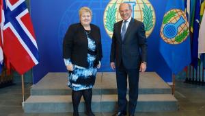 OPCW Director-General Ambassador Ahmet Üzümcü with the Prime Minister of the Kingdom of Norway, H.E. Mrs Erna Solberg