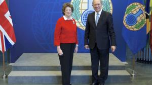 The Minister of State of the Foreign and Commonwealth Office of the United Kingdom of Great Britain and Northern Ireland, The Rt Hon Baroness Anelay of St Johns, DBE, left, and OPCW Director-General, Ambassador Ahmet Üzümcü.