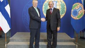Director-General of the Organisation for the Prohibition of Chemical Weapons (OPCW), Ambassador Ahmet Üzümcü with Finland’s Secretary of State at the Ministry of Foreign Affairs, H.E. Mr Peter Stenlund. 