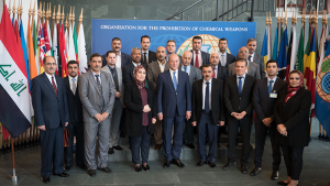 A delegation from Iraq visiting the OPCW Headquarters are received by the Director-General of the Organisation for the Prohibition of Chemical Weapons (OPCW), Ambassador Ahmet Üzümcü.