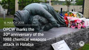 A monument to the victims of the Halabja chemical attack at OPCW Headquarters