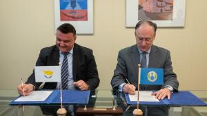 OPCW Director-General, H.E. Mr Fernando Arias, and the Permanent Representative of Cyprus to the OPCW, H.E. Ambassador Elpidoforos Economou.