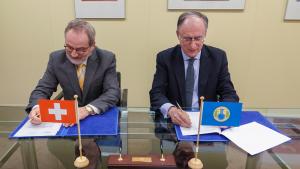 OPCW Director-General, H.E. Mr Fernando Arias, and the Permanent Representative of Switzerland to the OPCW, H.E. Ambassador Heinz Walker-Nederkoorn