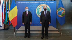 Minister of Foreign Affairs of Romania, H.E. Mr Bogdan Aurescu, with the Director-General of the OPCW, H.E. Mr Fernando Arias
