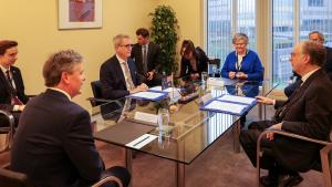 Dr Geoffrey Shaw, Director General of the Australian Safeguards and Non-Proliferation Office, Department of Foreign Affairs and Trade, and Ambassador Fernando Arias, OPCW Director-General, and their delegations during a visit to OPCW Headquarters  in The Hague, the Netherlands, on 19 November 2025.